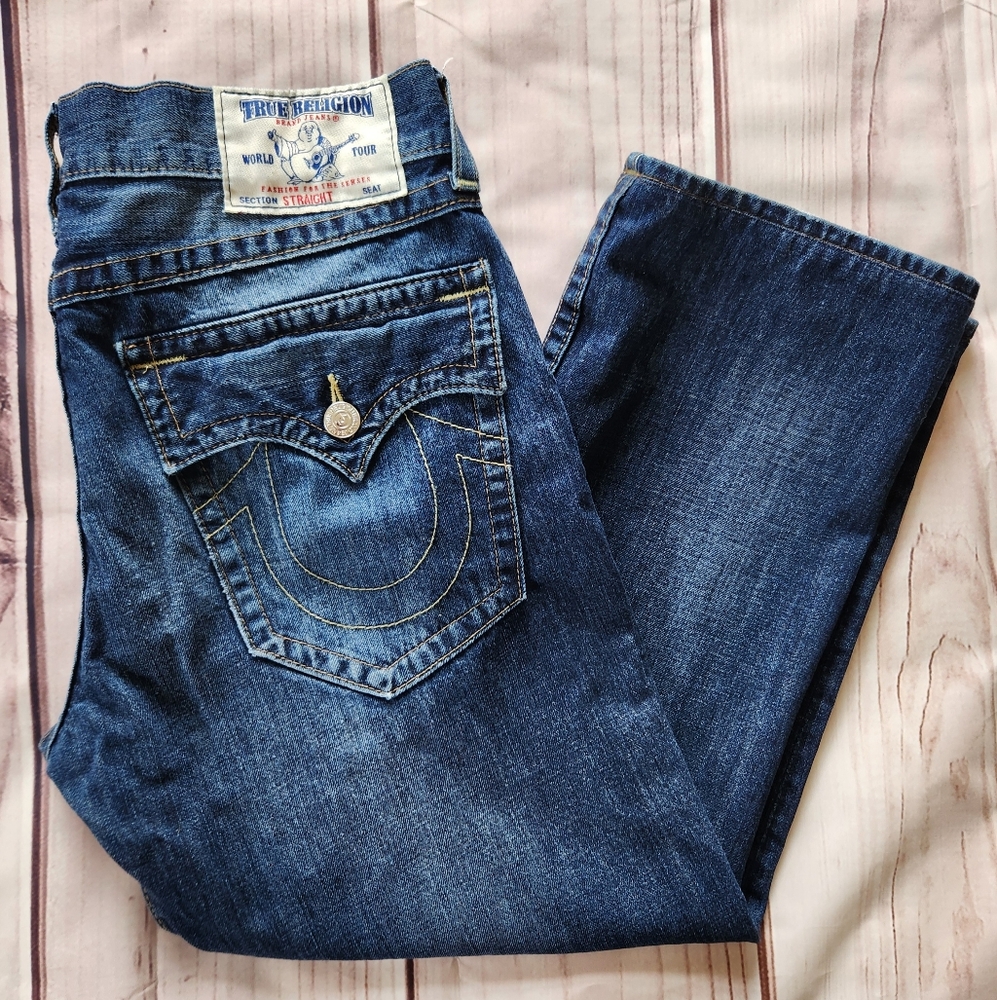 True Religion "Signature Straight Flaps" Blue Jeans #MMD859KL3, Men's Size 36